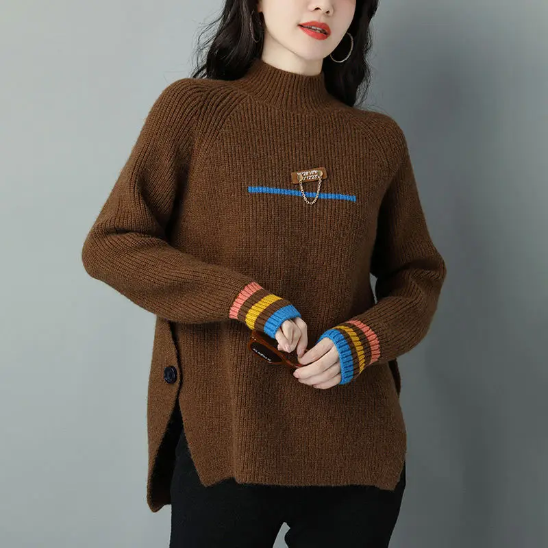 Fashion Stand Collar Spliced Asymmetrical Sweaters Women's Clothing 2023 Winter Loose Knitted All-match Pullovers Casual Tops