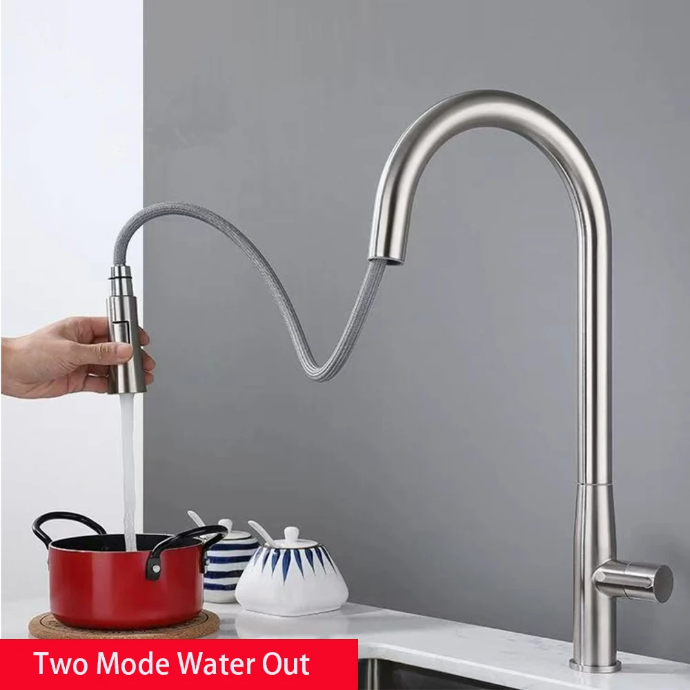304 Stainless Steel Kitchen Sink Faucet ,Cold Water Only One Hole Deck Installation ,Two Ways Water Out Hose Pulling Down
