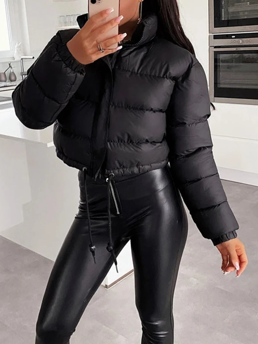 Women' s Cropped Quilted Puffer Jacket Coats Stand Collar Zipper Padding Warm QuiltedDrawstring Jackets Outerwear