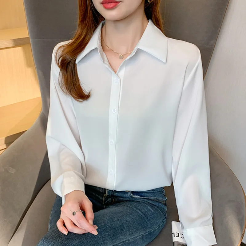 #3253 Lente Satijn Shirts Vrouwen Effen Kleur Elegant Chiffon Lange Mouw Shirt Dames Slank Frankrijk Stijl Dunne Regular Fit Blouse