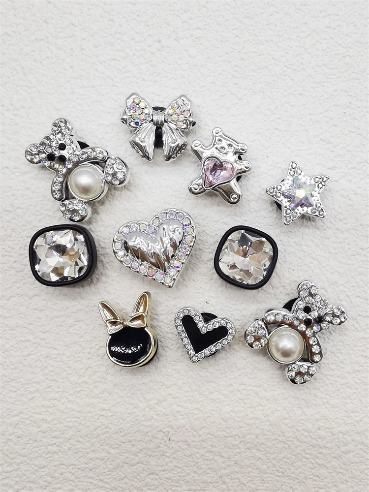 1PC Luxury Rhinestone Silver ABS Shoe Charms Bling Jewelry Bear Bowtie Shoes Buckle Decorations Clog Ornaments Diy Accessories