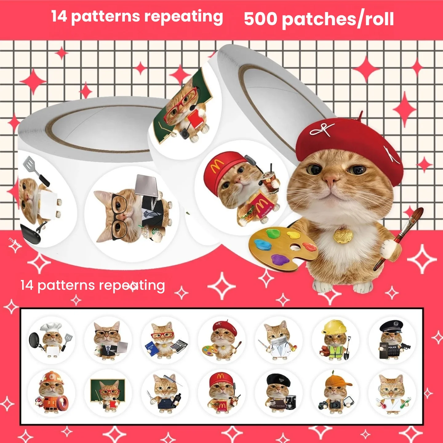 500Pcs Hot Sale Roll Stickers, Cute Occupational Cat Head Stickers, Funny Career Kitty Meme Decals, DIY Scrapbook Journal Decora