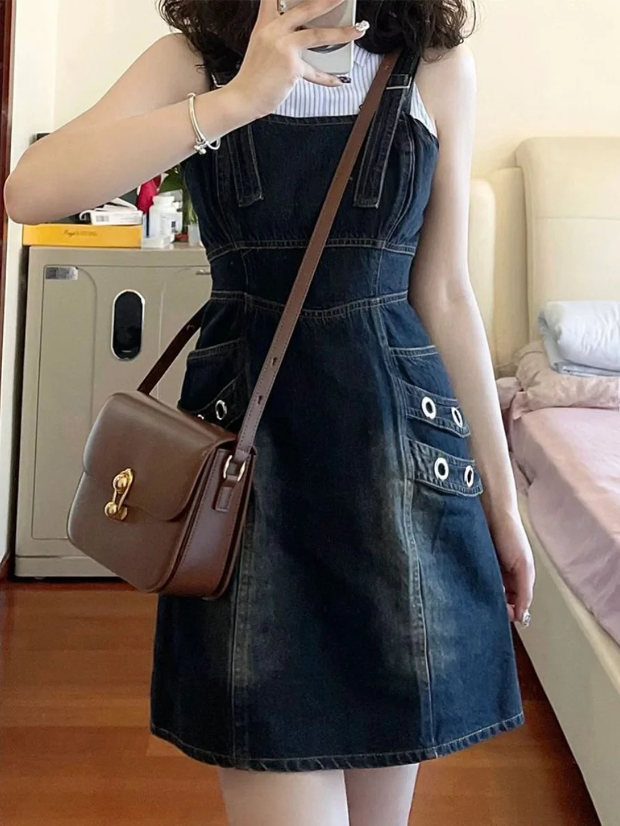 

Summer American Retro Washed Backstraps Denim Dress For Women New Sweet Cool Girl Style Waist Tight Slim Short Dress Workwear