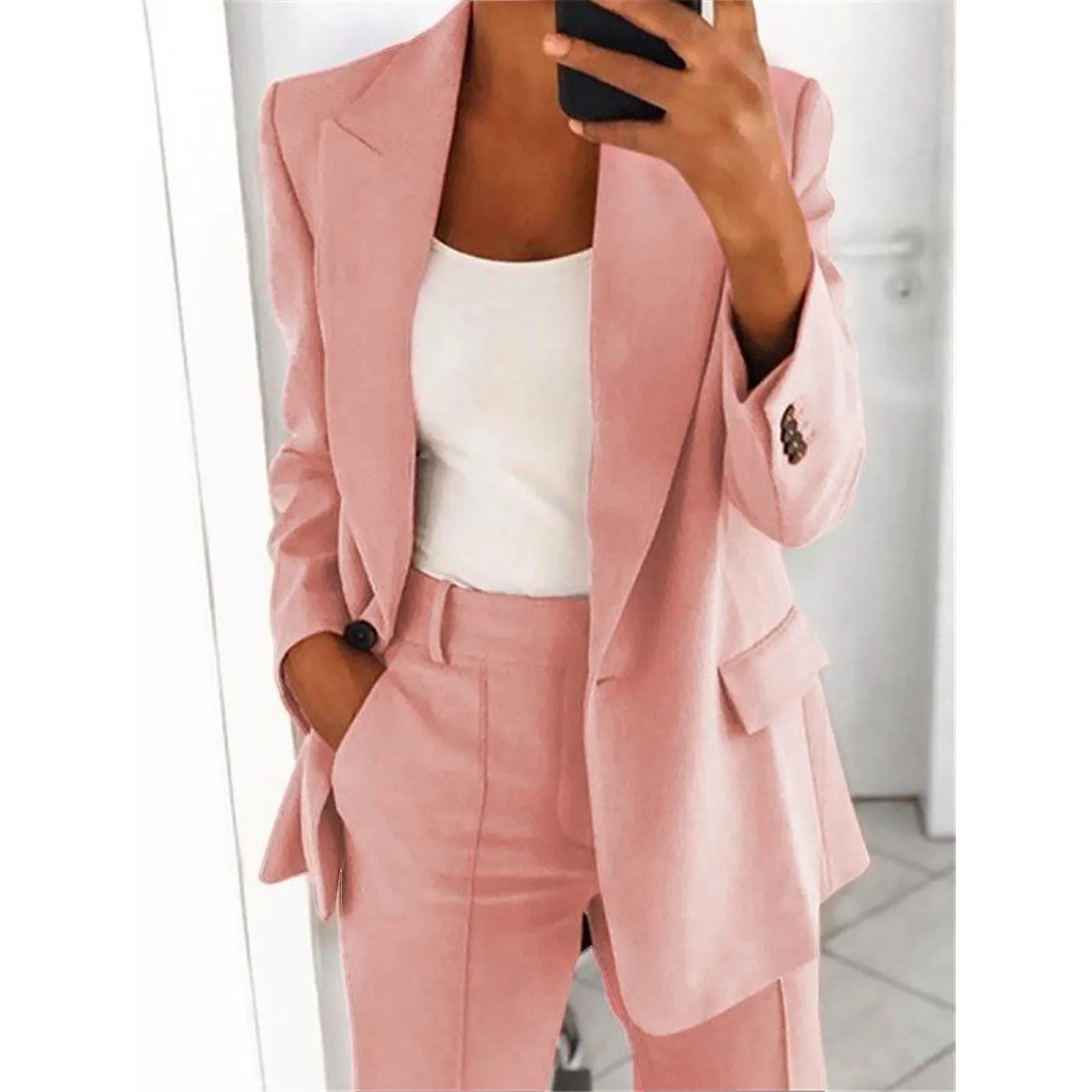 Y2K Women Two Piece Lapels Suit Set Office Business Long Sleeve Button Formal Jacket + Pant Suit Slim Loose Trouser Jacket Suit