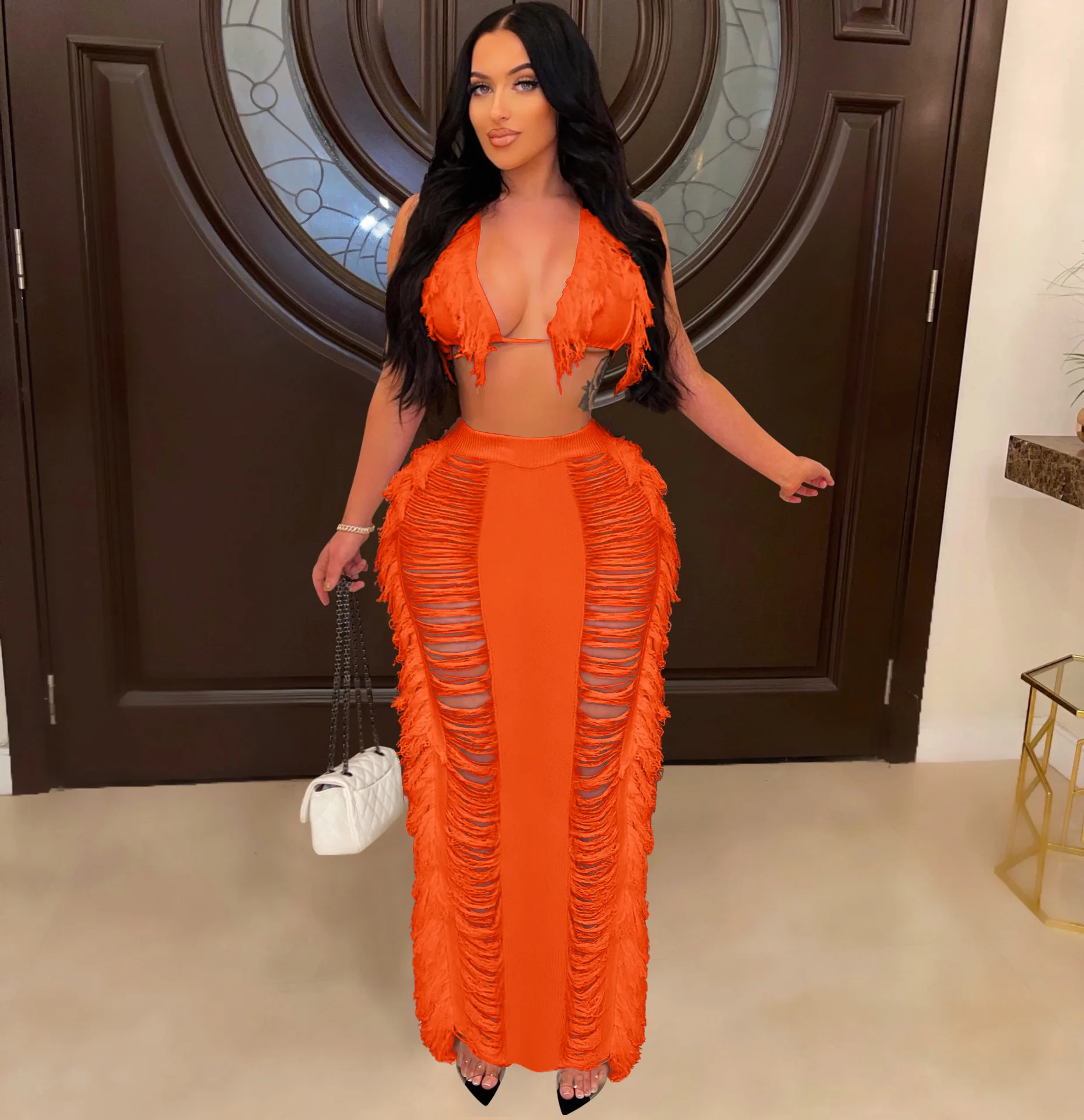 DSMTRC Crochet Two Pieces Suit Halter Backless Crop Top Tassel Skirt Sexy Women Knitted Set Hollow Out Crocheted Beach Dress Set