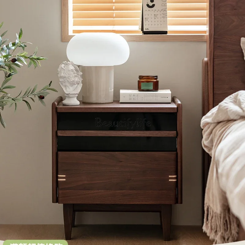 

FG28Black Walnut Solid Wood Bedside Cabinet Bedroom Modern Minimalist Small Bedside Storage Storage Cabinet