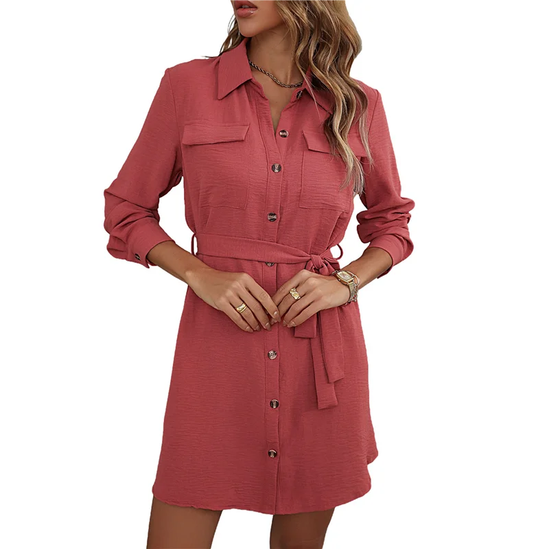 A83F-レディース長袖ボタンダウンシャツドレスカジュアルルーズタイウエスト調節可能な袖の長さのドレス