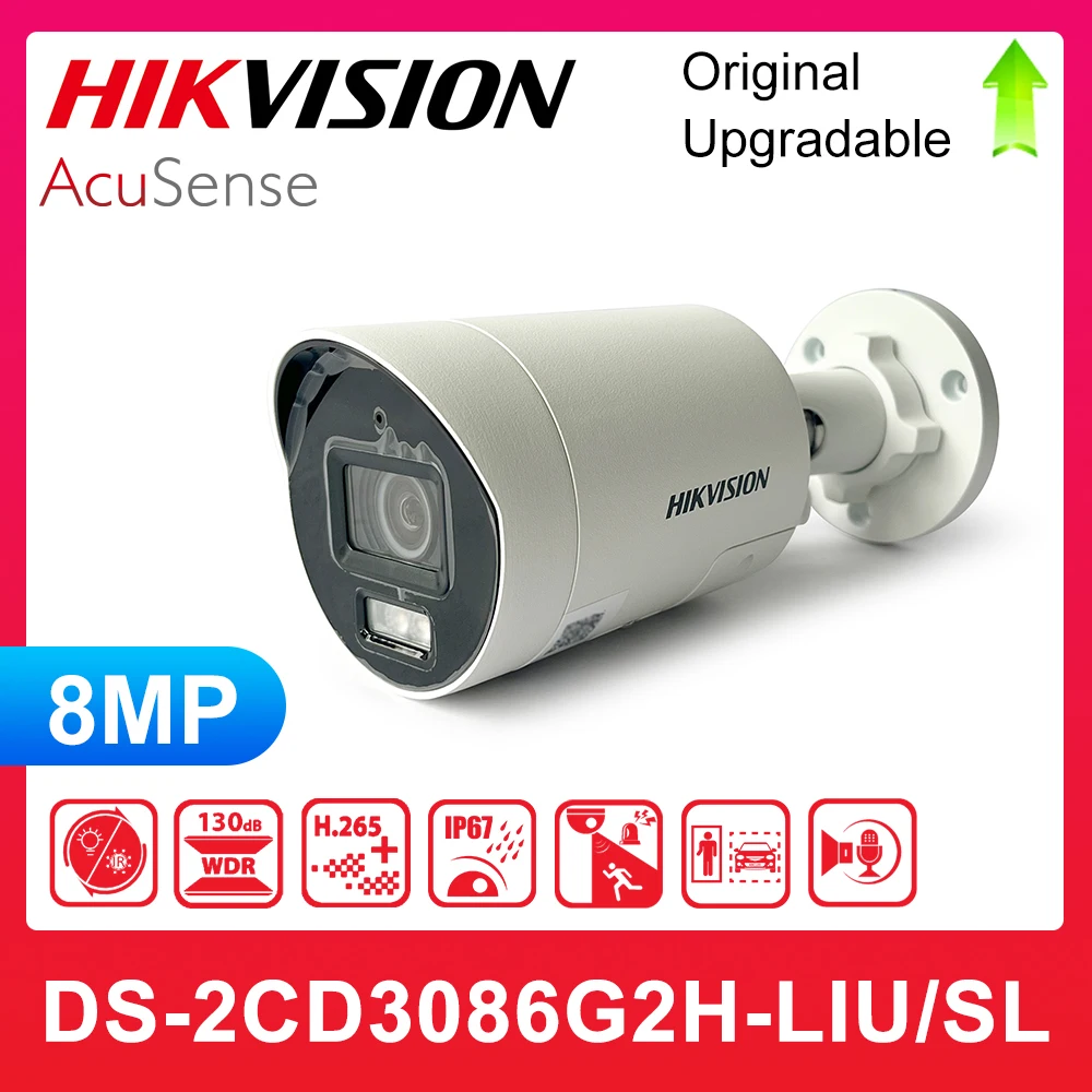 Hikvision-luz estroboscópica de 8 MP, luz de advertencia Audible, cámara fija de red Mini domo, IP67, H.265 +, DS-2CD3086G2H-LIU/SL, 4K