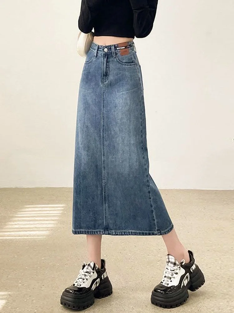 

High Waist A-Line Midi Denim Skirt for Women Spring Summer New Style Vintage Zipper Back Slit Slimming Half-length Skirt