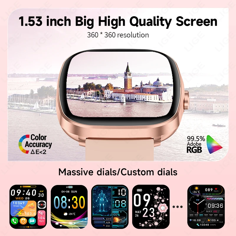 LIGE النساء Smartwatch 1.53 بوصة AMOLED HD شاشة بلوتوث دعوة الرياضة ساعة معدل ضربات القلب الموسيقى IP68 مقاوم للماء ساعة ذكية للرجال
