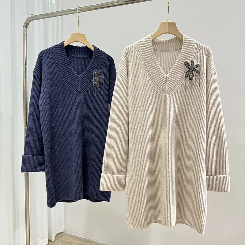 Autumn Winter 2024 Women Mid-Length Sweater Beaded Embroidery V-Neck Long Sleeve Casual Female Knitted Pullover