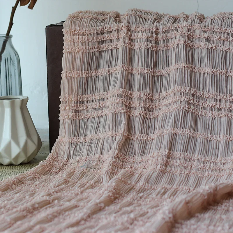 

New Chiffon Hook Embroidered Striped Wrinkled Fabric Fairy Style Wedding Dress Stretch Tulle Fabric DIY Cloth By the Meter