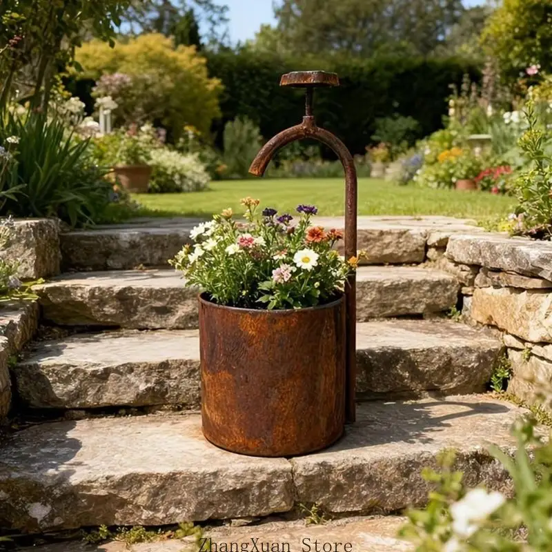 Metall-Blumentopf, antikes Brunnen-Design, Gießkanne, Pflanzgefäß, Blecheimer, perfekt für Hof- und Rasendekoration, 3 x – Detail 4