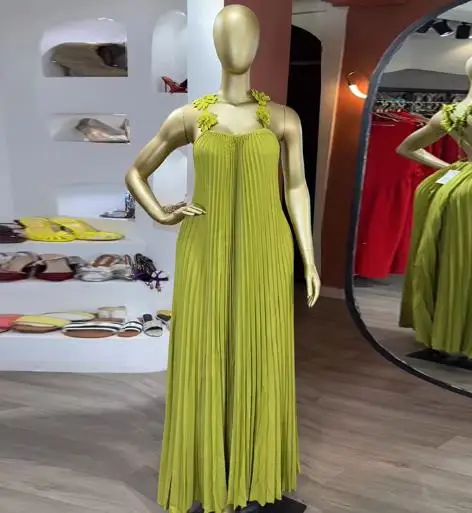 Roupas femininas elegantes 2025 primavera e verão novo item doce e fresco camisola exposto volta pressão vestido plissado saia longa