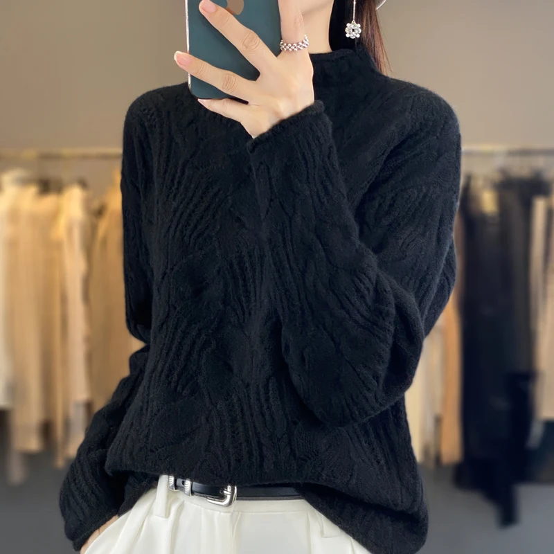 Women\'s Knitted Hollow Half High Collar Sweater, 100% Australian Wool Sweater, Slim Fit, Thin Style, Exquisite Style, Monochroma