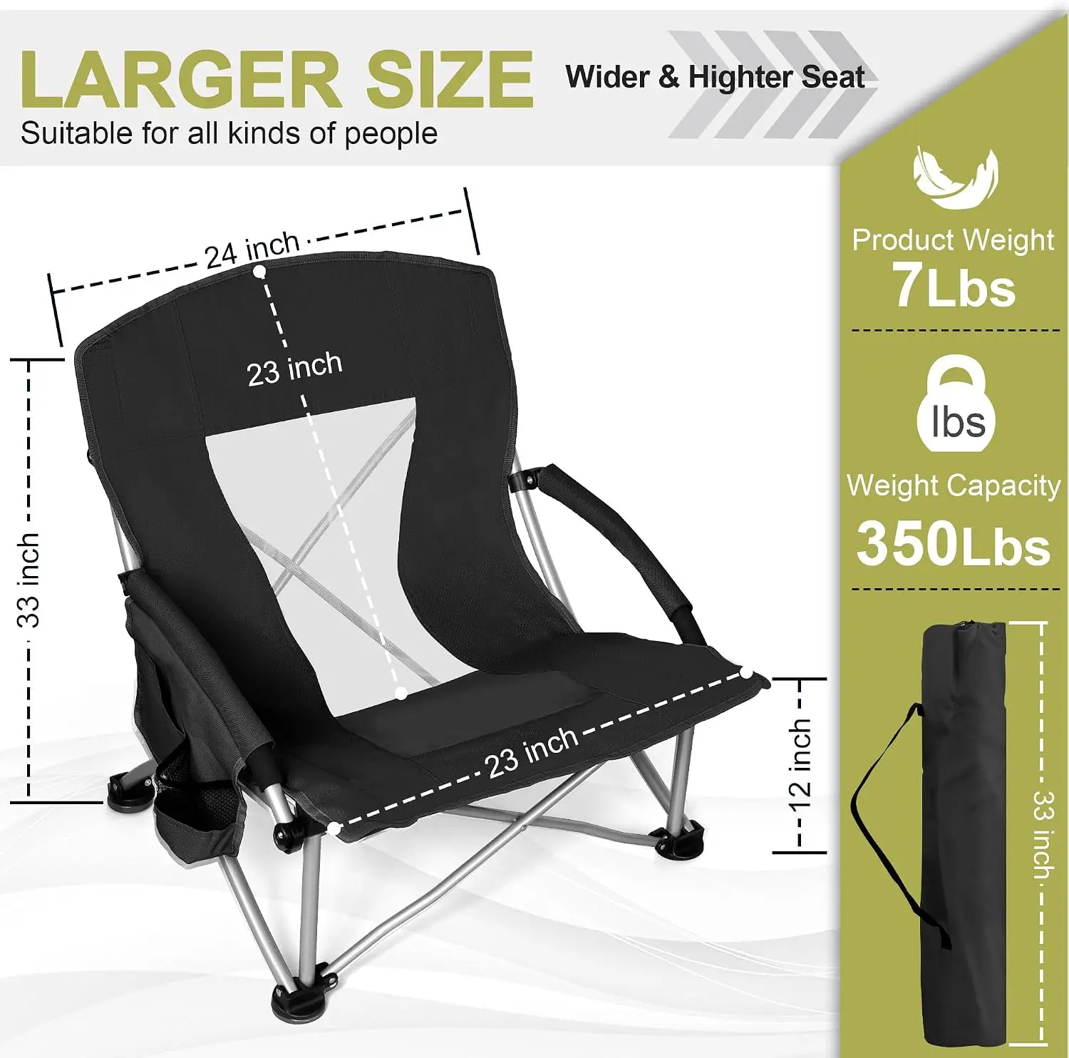 Beach Camping Chair for Adults, 2 Pack Large Folding, Black