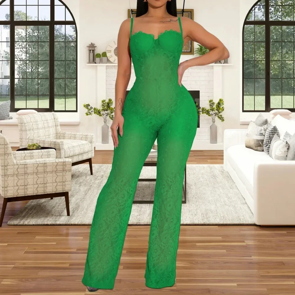 Sexy Lace Bodycon Jumpsuit Women Spaghetti Strap See Through One Pieces Playsuits Romper Female Night Club Overalls New
