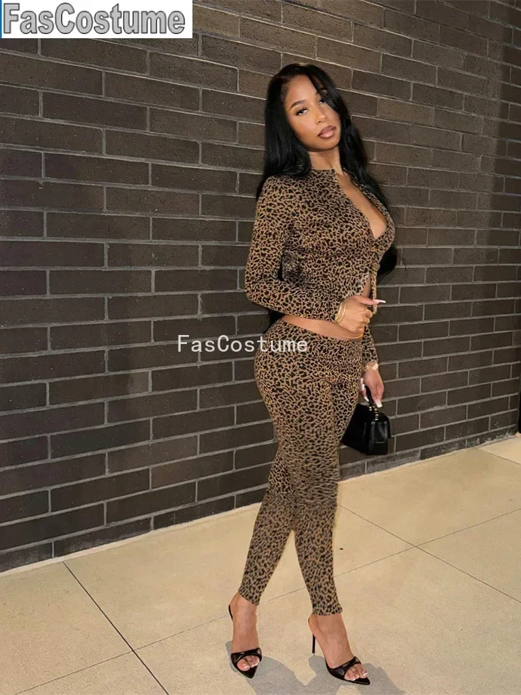 

FasCostume Nibber Leopard Print Woman Set Button-Down Mini Long-Sleeved Top+Cropped Trousers Sexy Comfortable Wild Midnight Suit