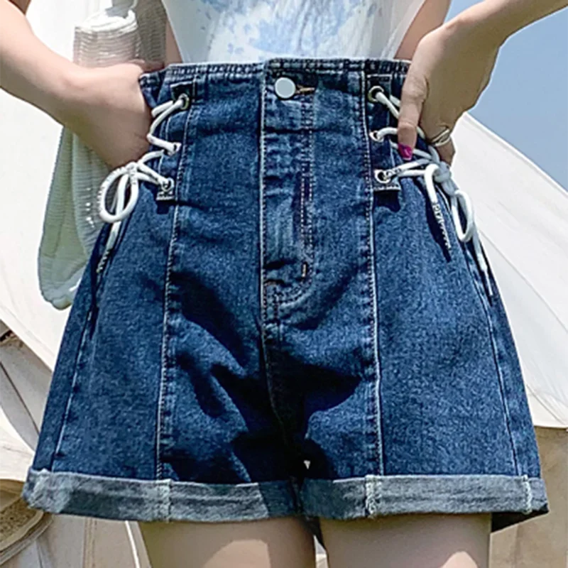 Roll Up Design Denim Shorts voor Vrouwen 2025, Koreaanse Side Lace Up Korte Broek Vrouw Zomer Mode Hoge Taille Jeans Shorts Mujer
