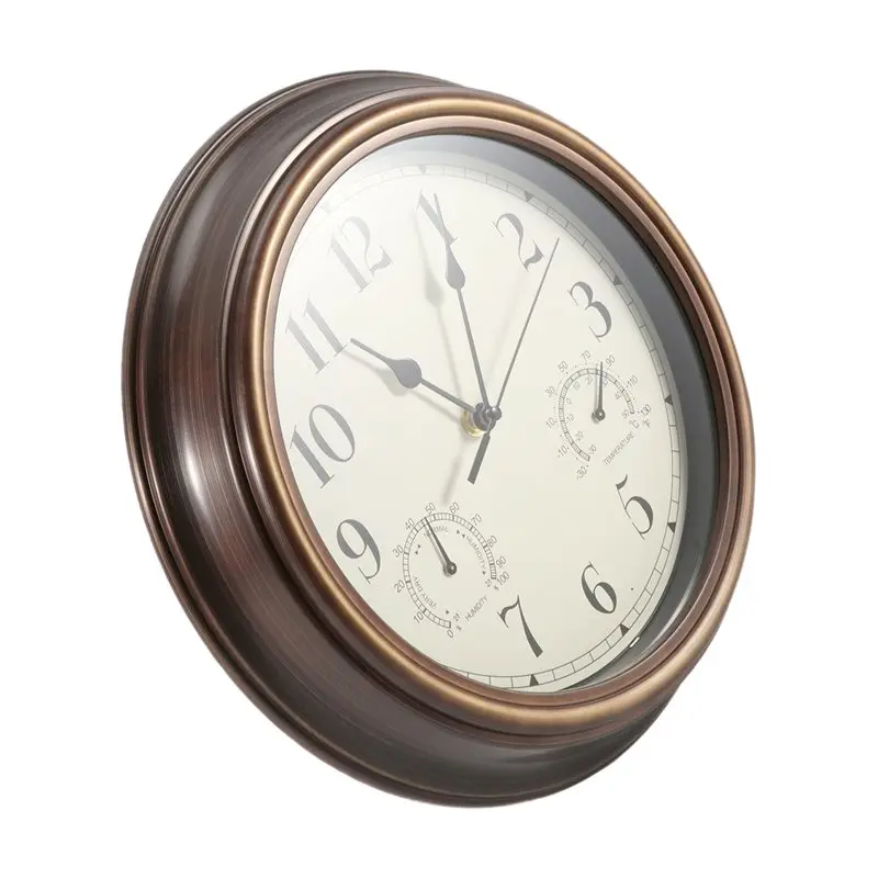 ABMI-12Inch Wall Clock,Retro Waterproof Clock With Displays Thermometer&Hygrometer,Noise-Free Clock For Indoor/Outdoor,