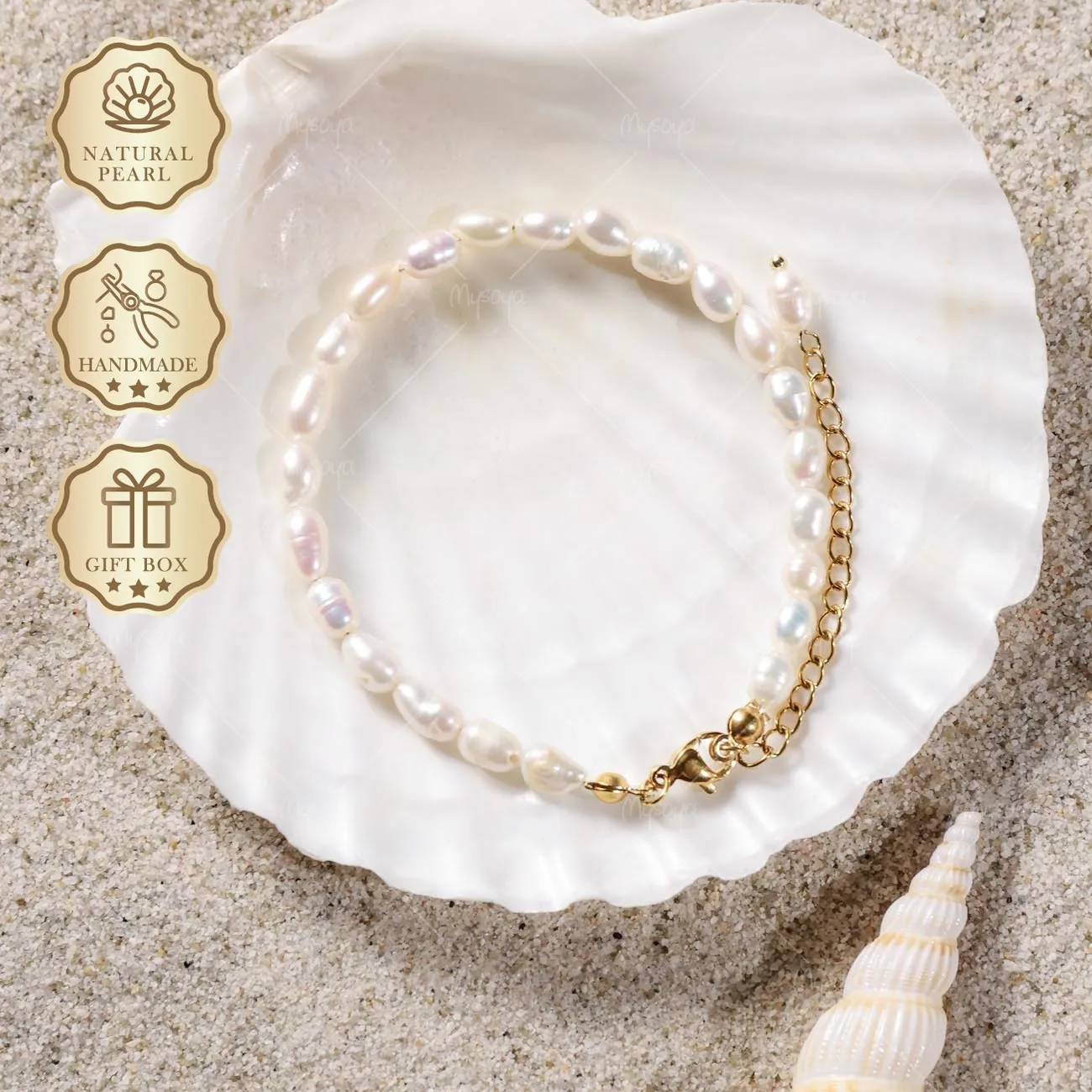 

Mysoya White Rice-Baroque Freshwater Pearl Bracelet 5-6mm Golden Extender Chain Gift Box Valentine's Day Birthday Gift For Her