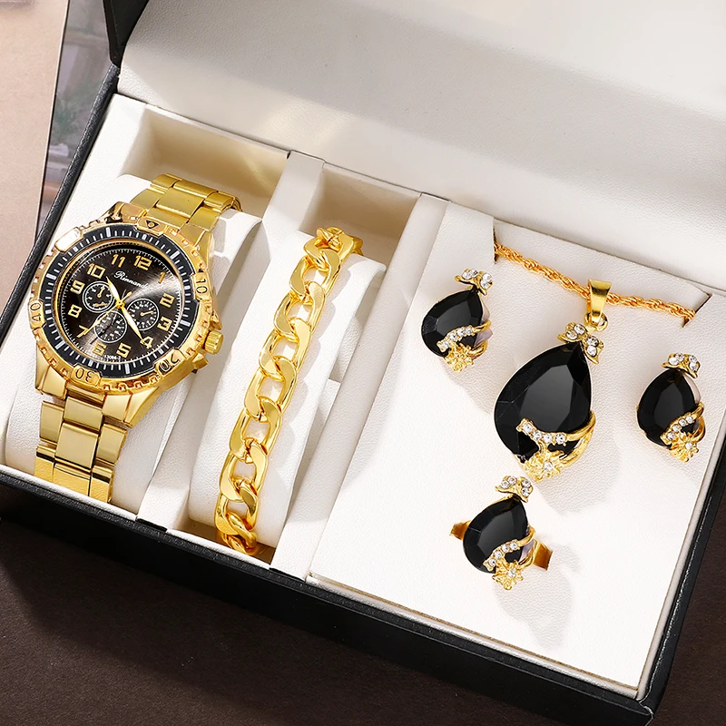 Golden Luxury Watch Women Ring Necklace Earring Rhinestone Fashion Wristwatch Casual Ladies Bracelet Watches Jewelry Set