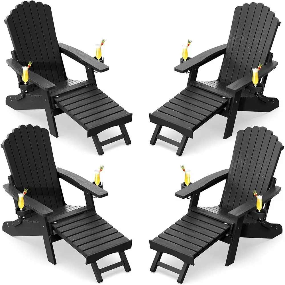 

Set of 4 Weather-Resistant Outdoor Adirondack Chairs with Retractable Ottomans and Adjustable Features, Ideal for Patio, Lawn, o