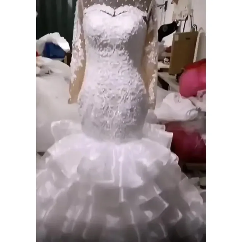 Customized New Illusion Long Sleeve Beads Wedding Dress Mermaid Ruffles Skirt African Bridal Gown High Quality Vestidos De Maria