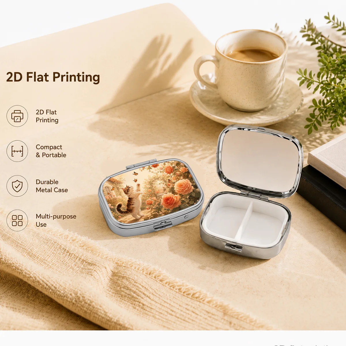Pill Box with Illustration of Cat Dancing with Rose Petals, Gentle Garden Moment - Compact Jewelry Box - Small Items - Vitamin Storage Box - Elegant and Exquisite - Delicate Small Gift - Suitable for Long Trips - Creative Trendy Gift - Essential Personal Medication Organizer.