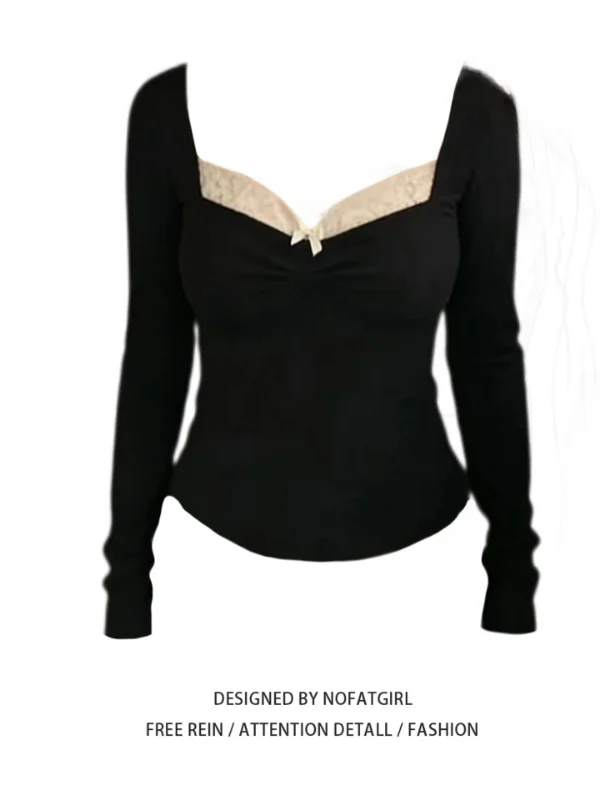 

Женская блузка больших размеров с длинным рукавом, кружевными вставками, утягивающим эффектом на талии, черная, в корейском стиле, для повседневной носки, модная.