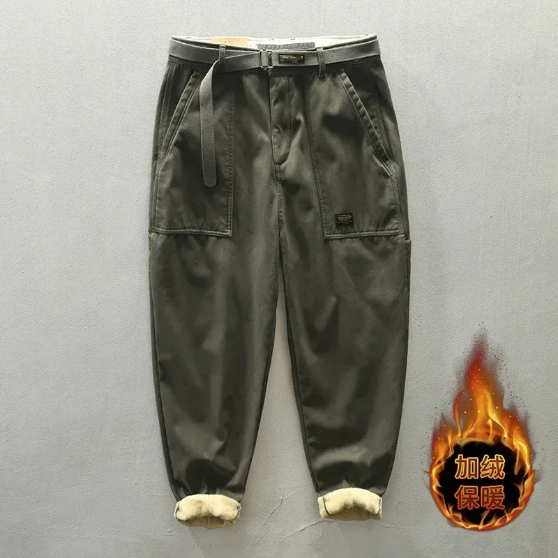 

Новые зимние мужские брюки в японском стиле, карго-брюки с поясом, свободные уличные брюки, мужские повседневные теплые брюки на флисовой подкладке, утолщенные брюки