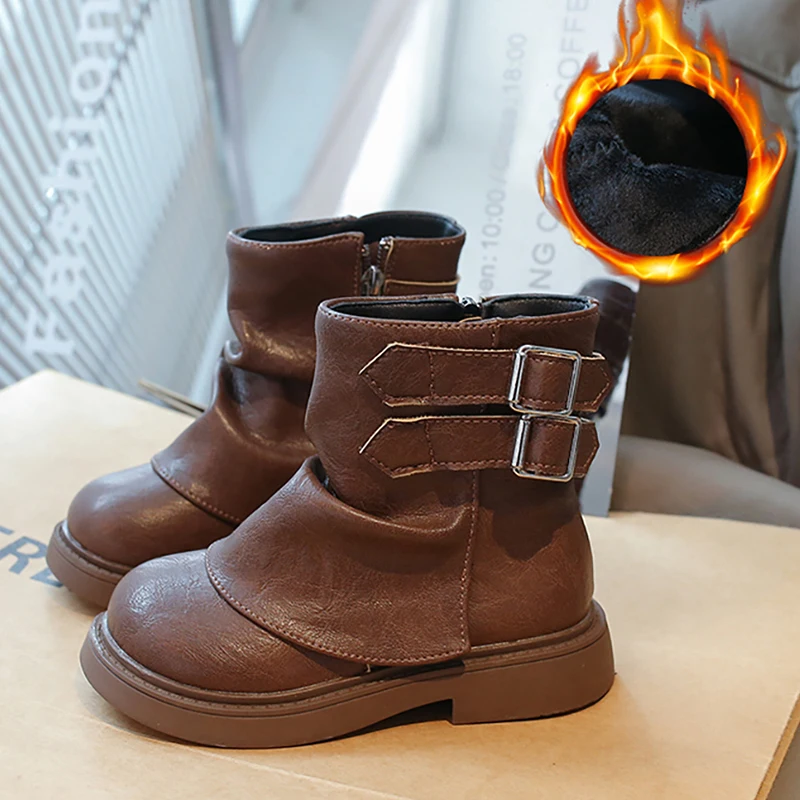 

Винтажные зимние ботинки для девочек, непромокаемые плюшевые ботинки из искусственной кожи для девочек-подростков, теплая хлопковая обувь для детей, трендовые модные ботинки