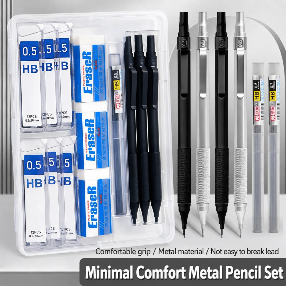 Portable Metal Mechanical Pencil Low Center of Gravity 0.5/0.7mm Automatic Pencil Set Break Resistant HB Lead Pencil Sketching