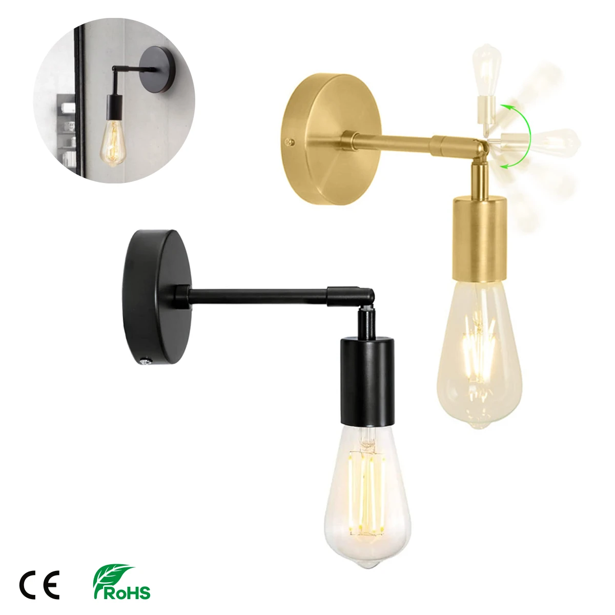 LED Wall Lamp 180° Rotatable Industrial E26 E27 WIth ST64 Bulbs Bedroom Bedside Bathroom Mirror Wall Light Vanity Fixture