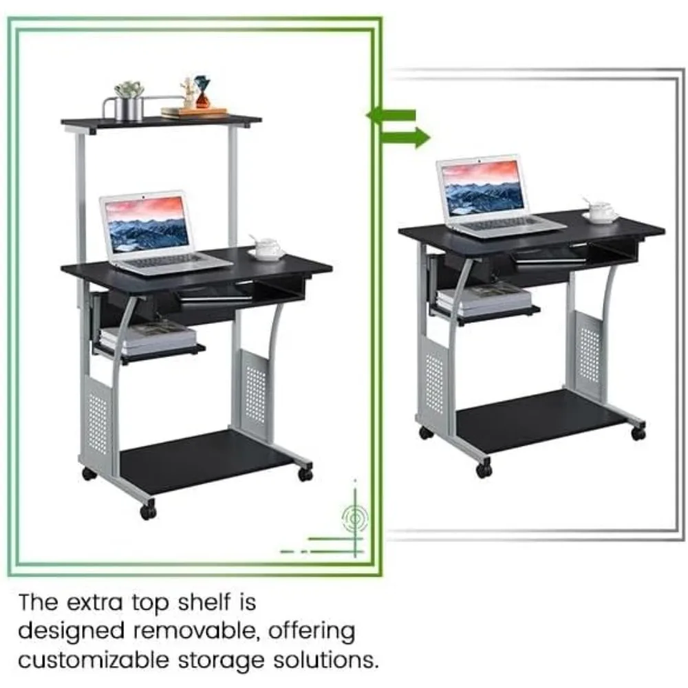 2-Tier Mobile Computer Desk with Printer Shelf Keyboard Tray Compact Rolling Workstation for Small Spaces & Home Office