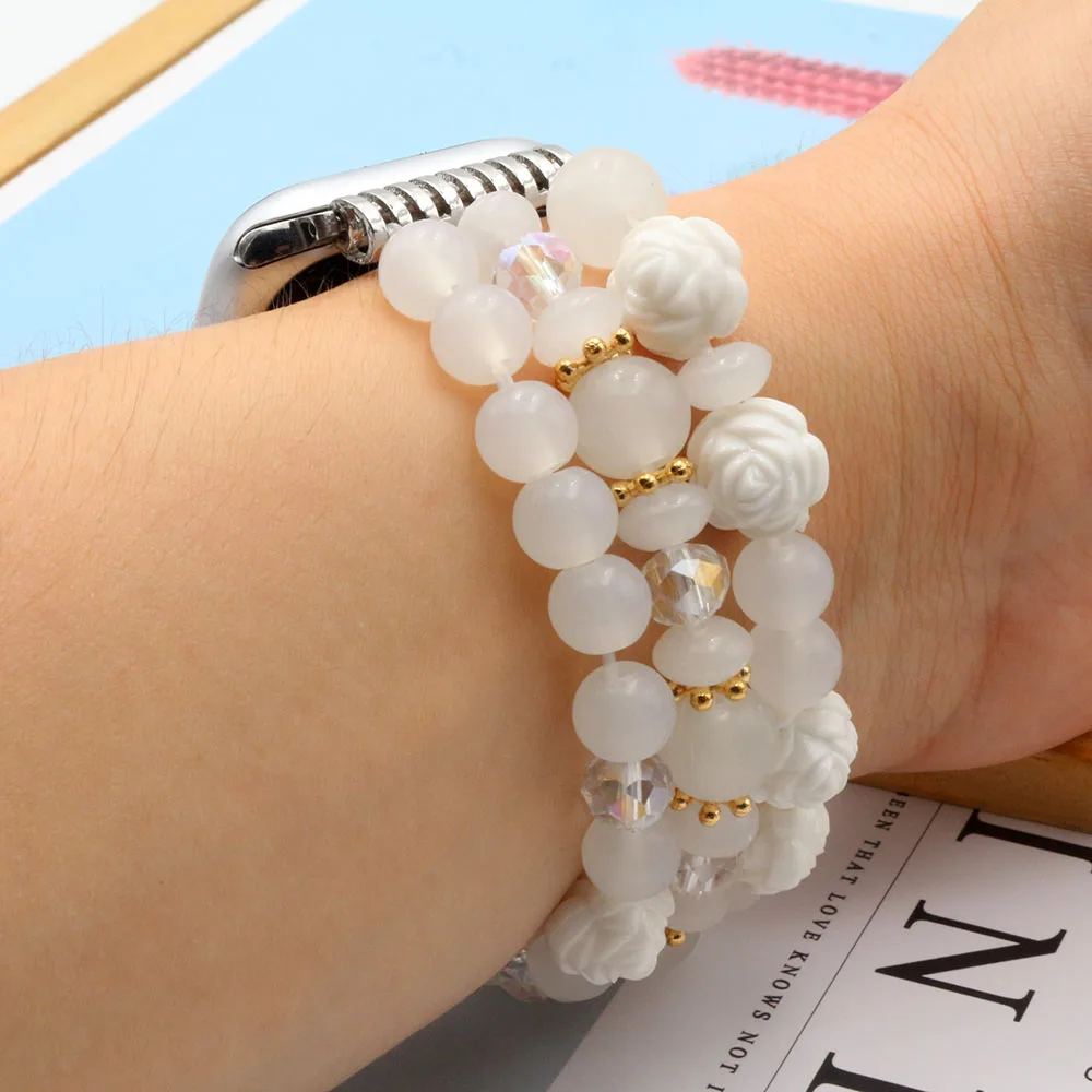 สร้อยข้อมือสมาร์ทวอทช์โก้สำหรับสายคาด APPLE WATCH 38มม. 40มม. 41มม. ซีรีส์9/8/7/6/5/4/3 /SE สายคล้องคอลูกปัดสีขาวเปลี่ยนได้