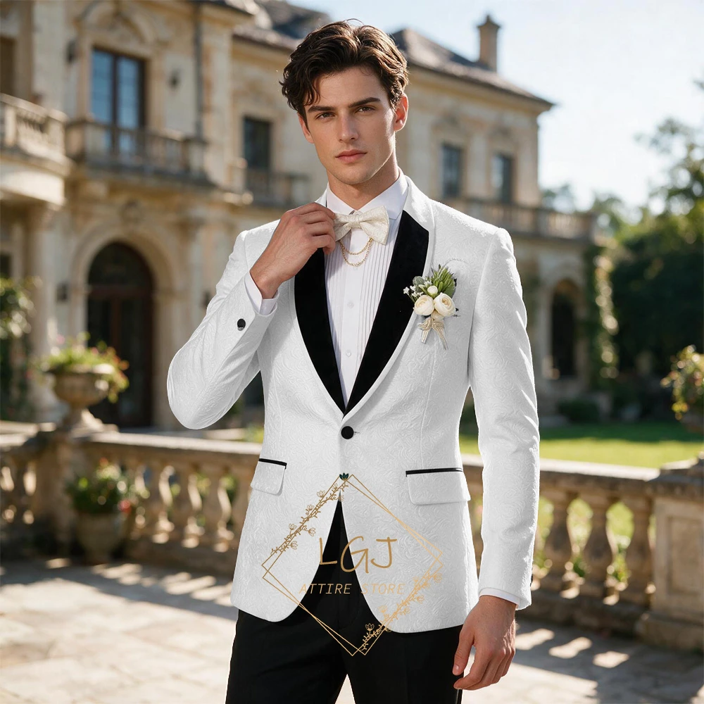 Men's 2PC Slim Fit Tuxedo Set Textured Floral Jacquard Blazer Satin Trim Shawl Collar Wedding Groom Suit Pants Custom Made