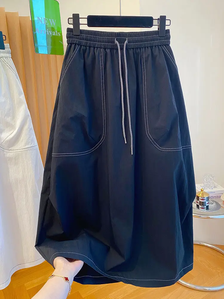 

2025 Faldas Mujer De Moda, повседневные женские юбки с большими карманами, свободная юбка с высокой талией, модная летняя черная юбка Temperament Saia