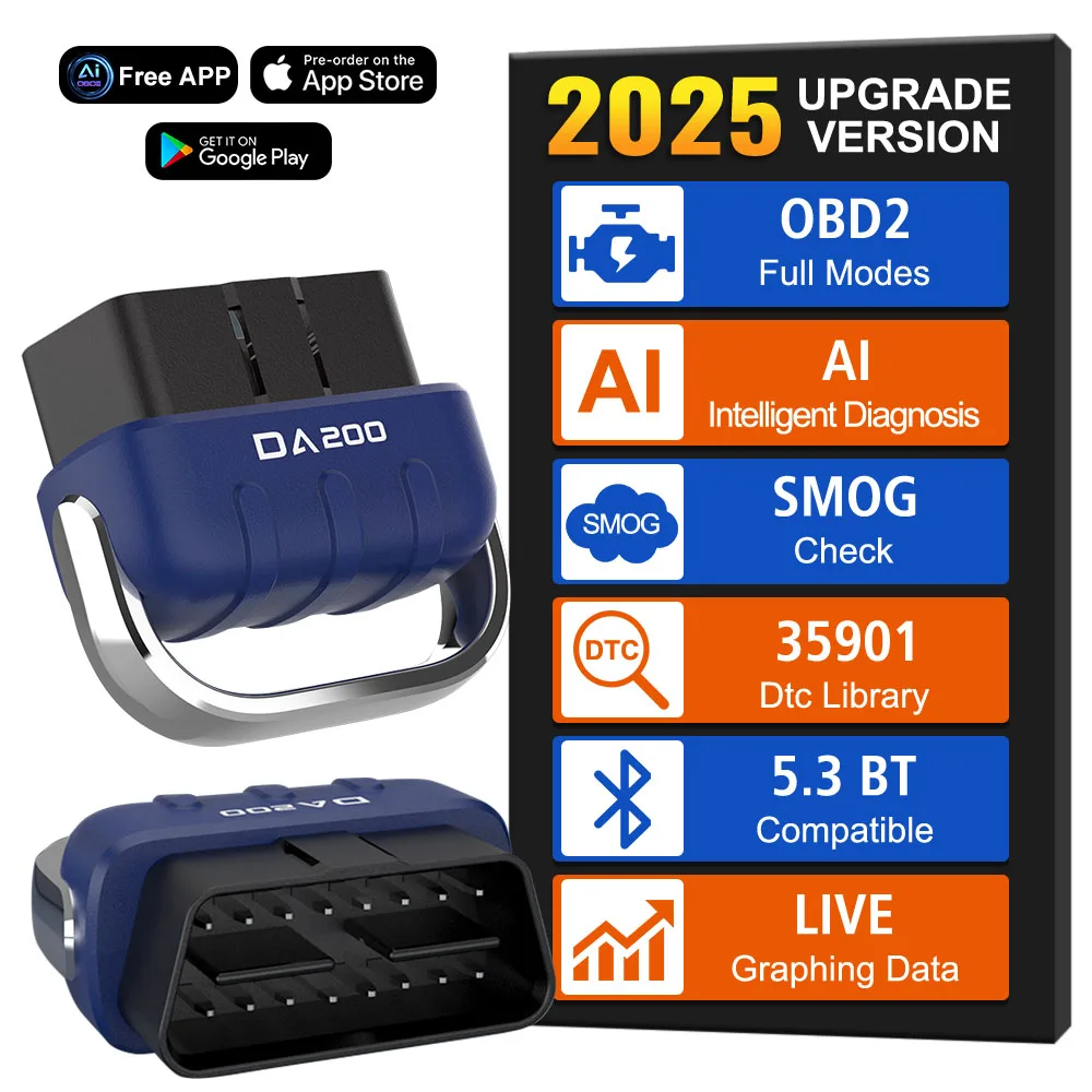 Car Diagnostic Tools Bluetooth-Compatible Fault Code Erase AI OBD 2 Scanner DA200 Car Battery O2 Sensor Tester Code Reader