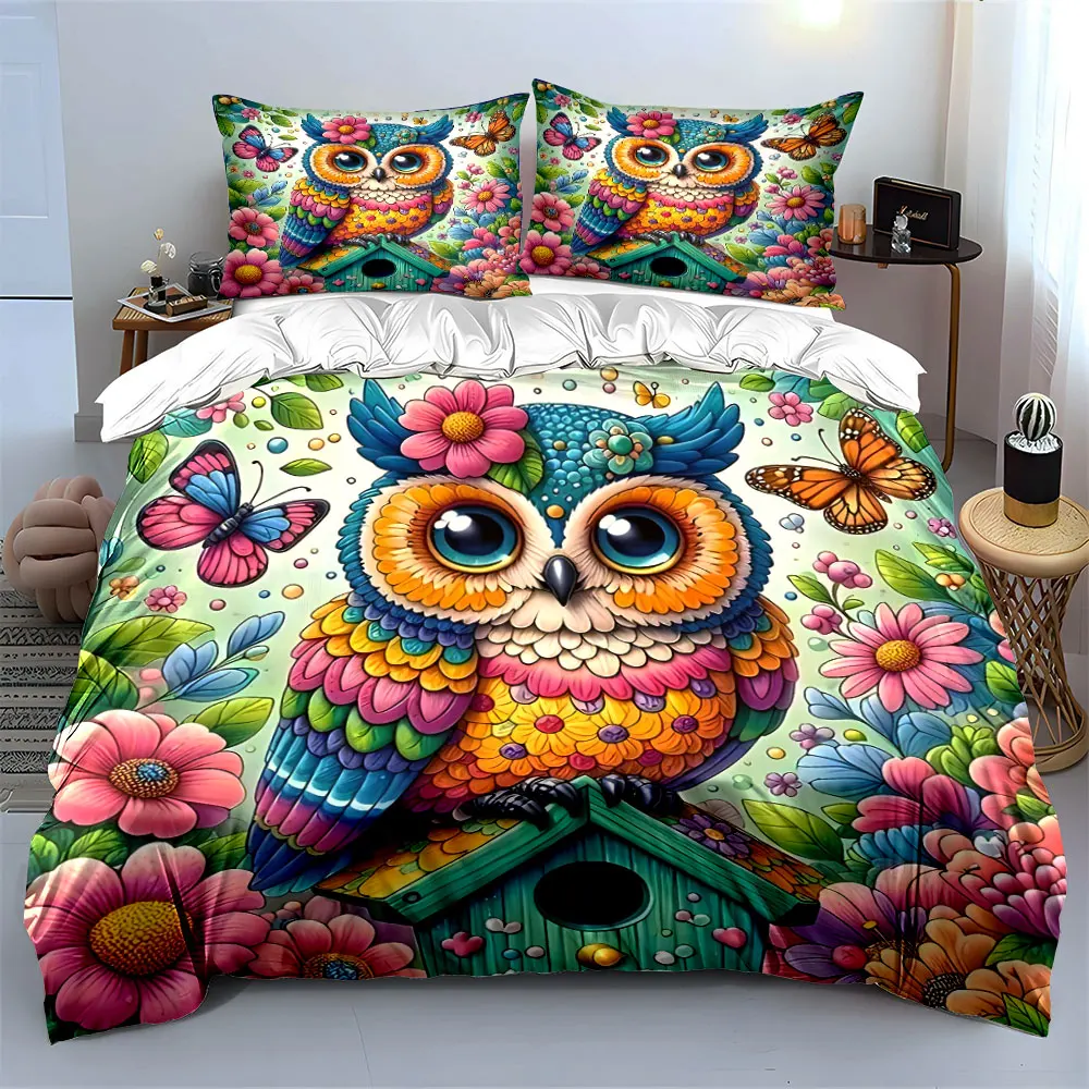 Colorful Owl Floral Wall Art Multiple sizes kid's and adults' bedroom Exquisite 3PC bedding set, gift