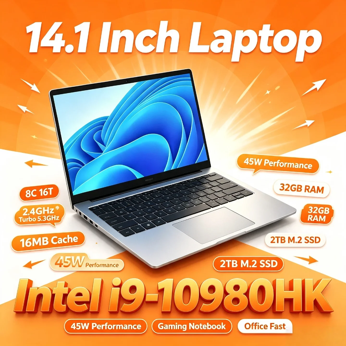 Core i9 10980HK Intel 14.1 Inch Pro Laptop 8C 16T 2.4 5.3GHz 16MB 45W 32GB RAM 2TB M.2 SSD Office Gaming Notebook Fast New