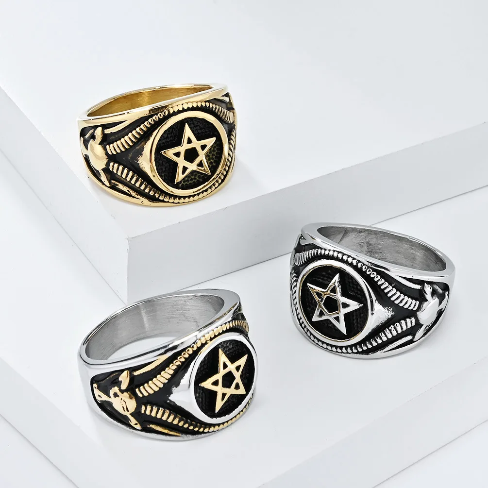 Gold Plated Stainless Steel Satanic Goat Jewelry Trend 2024 Pentagram Hebrew Signet Pentacle Ring Waterproof