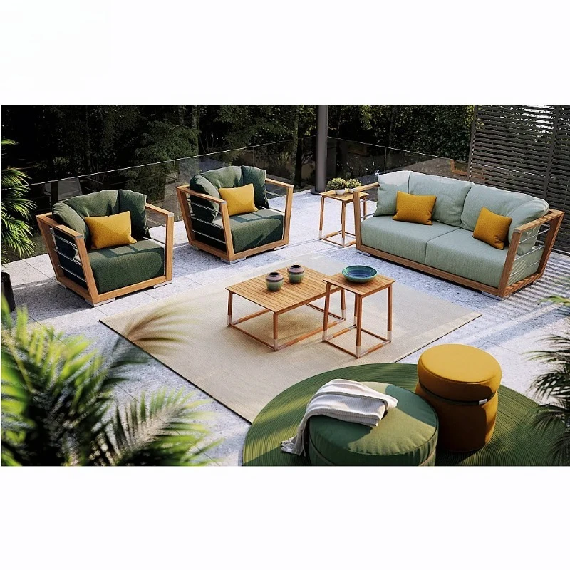 Outdoor Suit Modern European Style Outdoor Furniture Solid Teak Wood Frame Sofas High Density Sponge Sofa Set