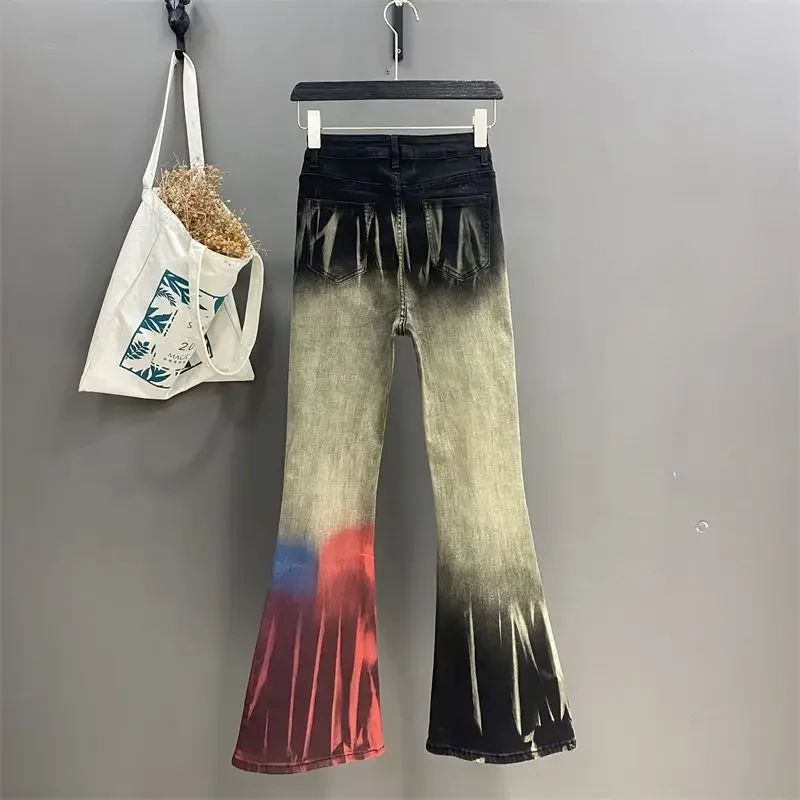 Spring Jeans Women Mid Waist Flares Pants Ladies Contrast Color Trousers For Women Fashion Panelled Pantalones Mujer