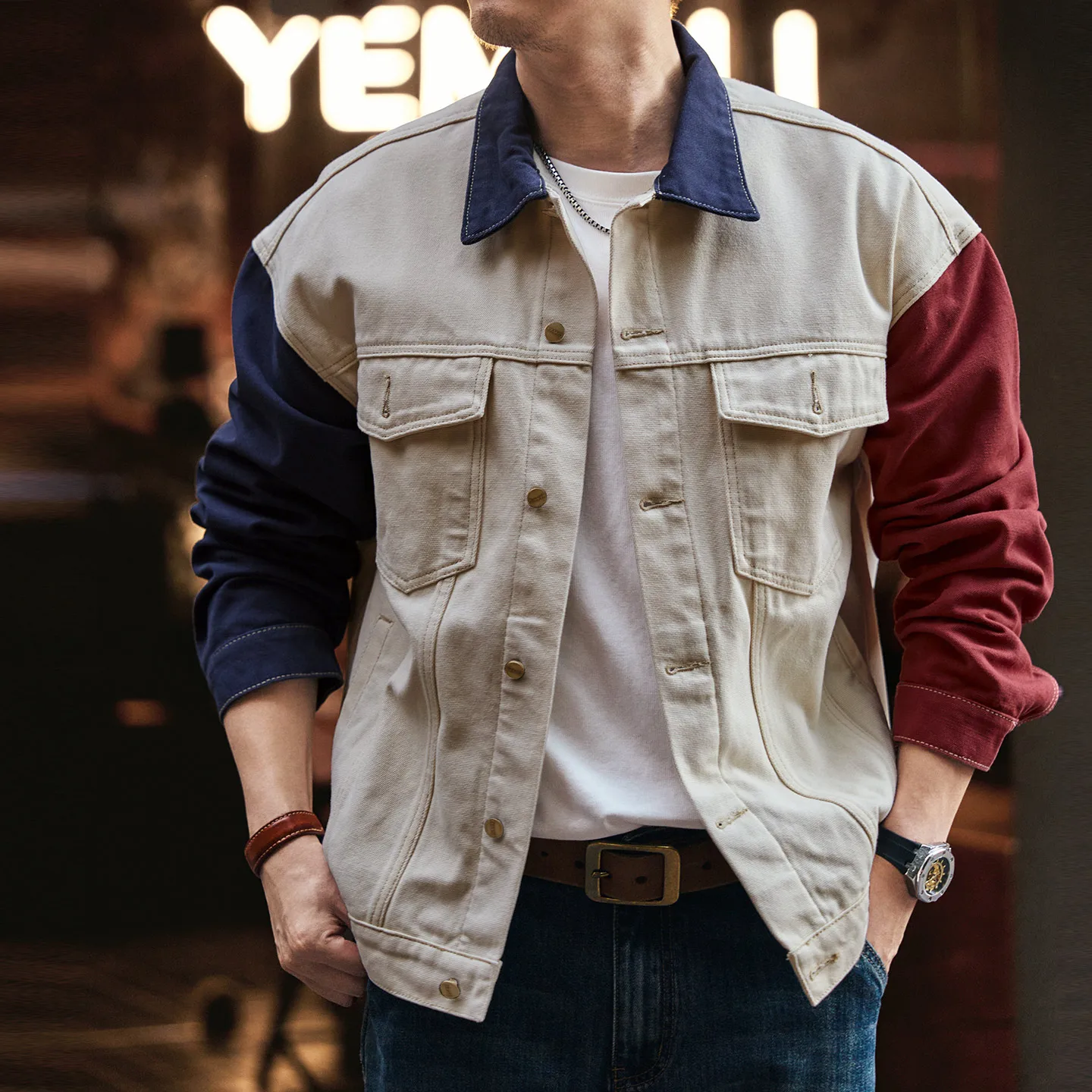 

Высококачественная и нишевая мужская куртка с цветными блоками и лоскутным рисунком, осень 2023, новое модное повседневное верхнее пальто