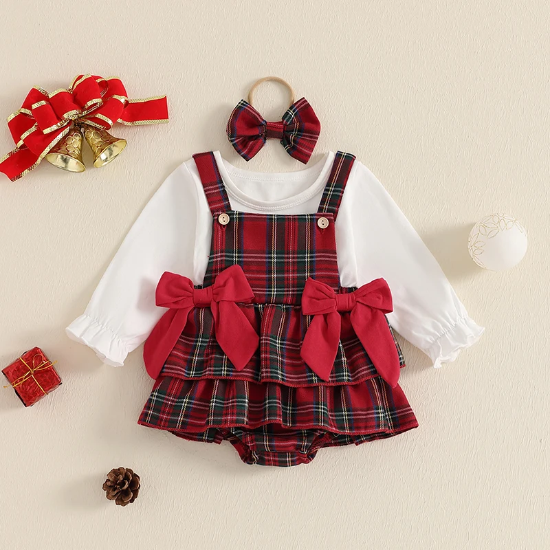 2024-08-08 Lioraitiin Baby Girls 3Pcs Christmas Outfits Long Sleeve Tops + Suspender Romper Dress + Headband Set