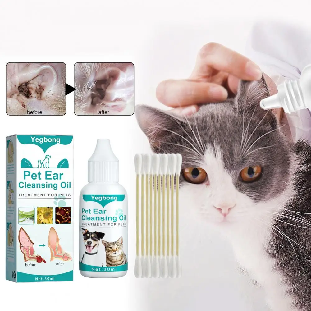 30ml Great Portable No Odor Effective Pet Dog Ear Rinse Liquid with Cotton Swab Set Ear Cleaning Solution Alleviate Itch