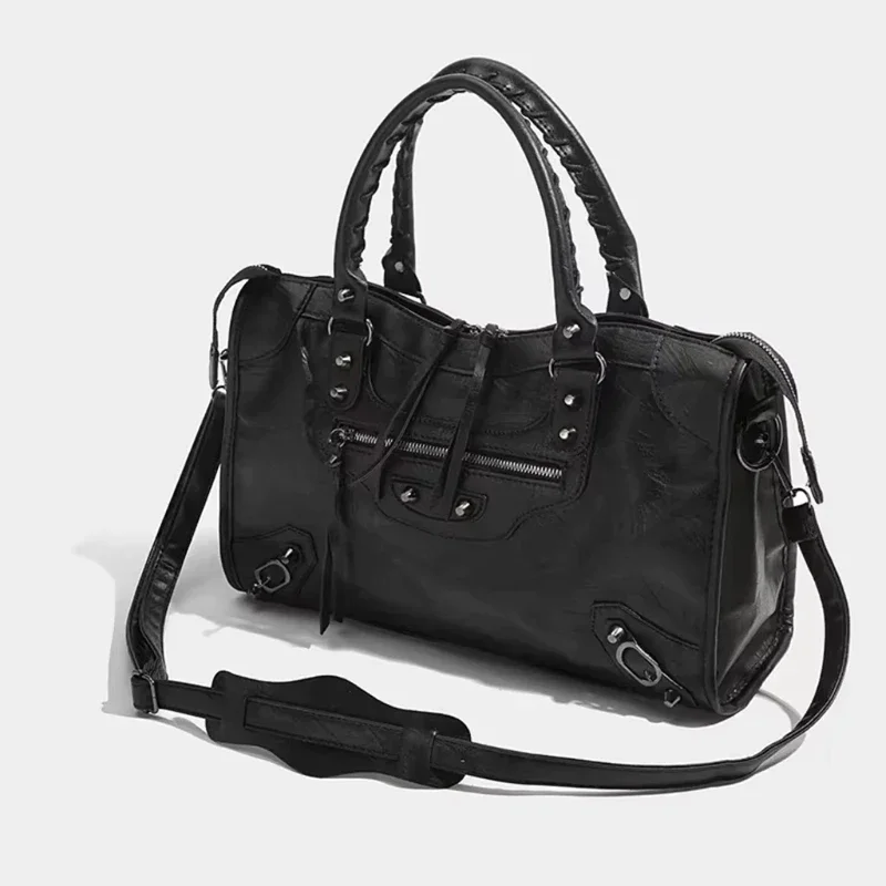 Street Style Rivet Tote Bag Black Large Capacity Single Shoulder Bag Crossbody Bag Retro Motorcycle Handbag Fashionable Bags