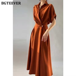 BGTEEVER Vintage Turn-down Collar Ladies Dress Short Sleeve Slim Waist Women A-line Dress Elegant Summer Vestidos