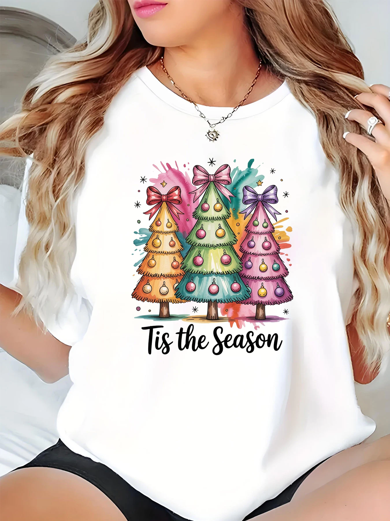 شجرة عيد الميلاد طباعة تي شيرت المرأة عطلة عادية الموسمية الأعلى أزياء احتفالية لحفلة عيد الميلاد #1